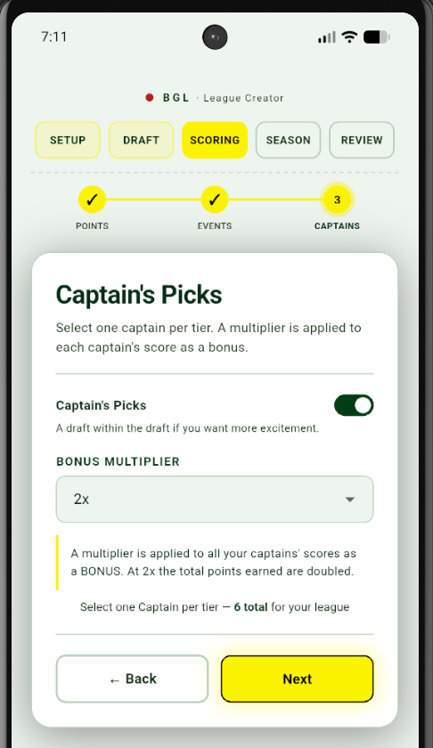 BGL Captain Picks screen with 2x multiplier