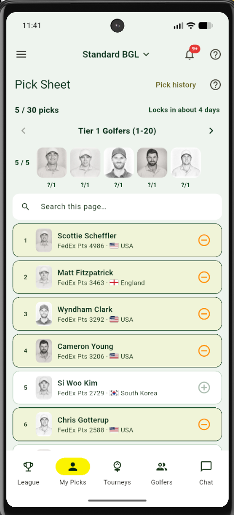 Current BGL Pick Sheet screen