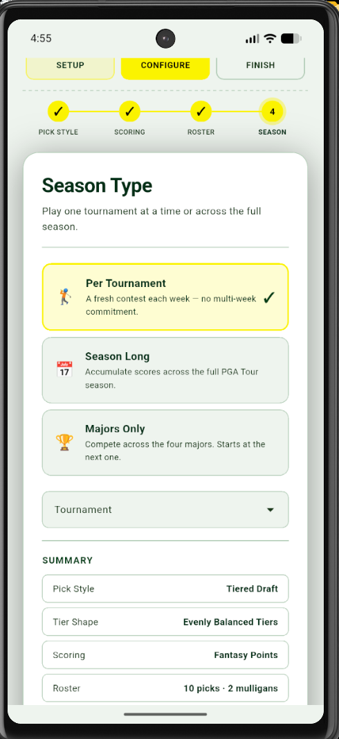 Greenie Per Tournament, Season Long and Majors Only options
