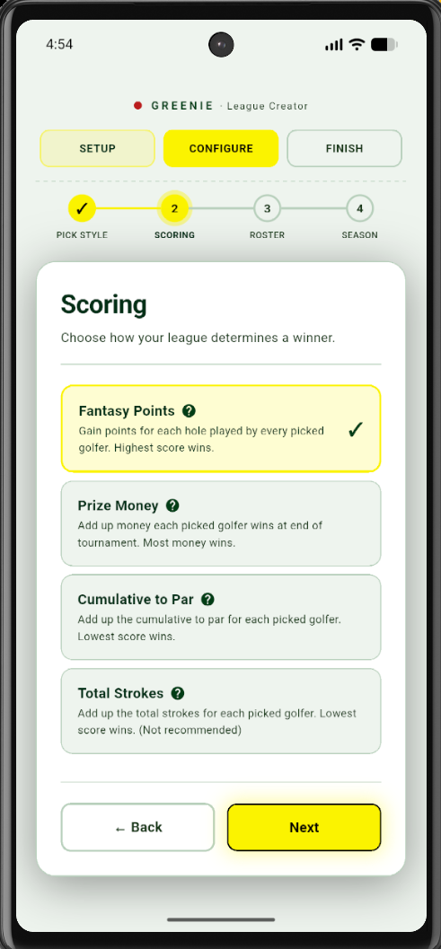 Greenie scoring mode choices