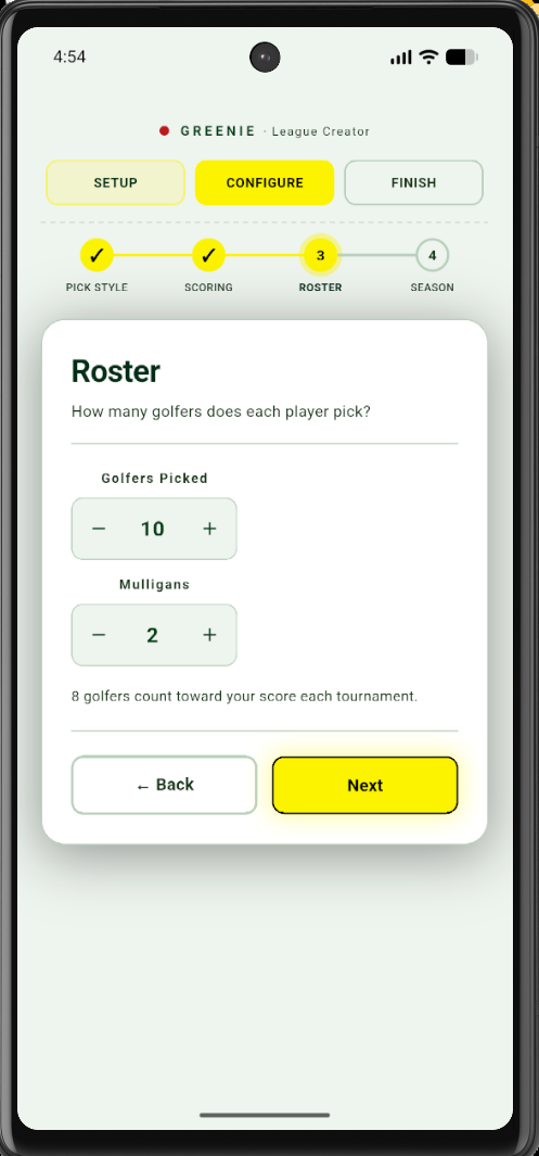 Greenie standard roster of 10 picks and 2 mulligans