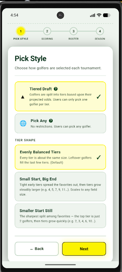 Greenie standard Tiered Draft and Evenly Balanced Tiers settings