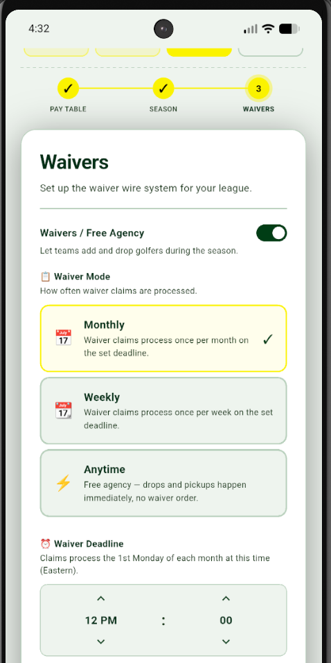 Monthly waiver settings