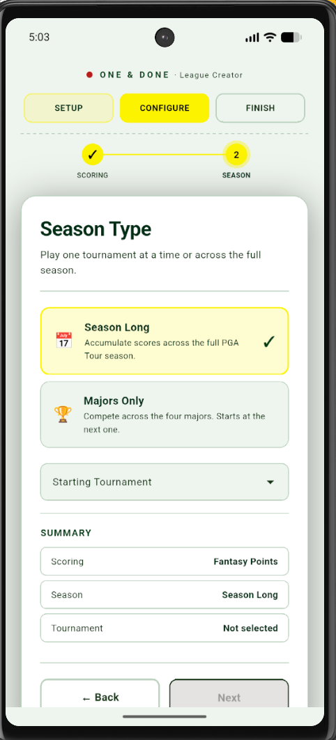 One and Done Season Long and Majors Only options