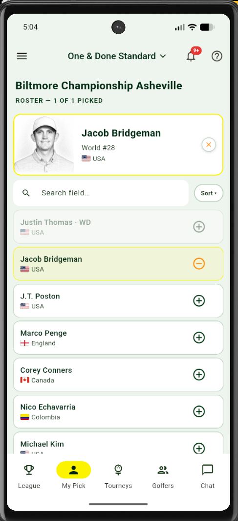 One and Done selected golfer screen showing one of one picked