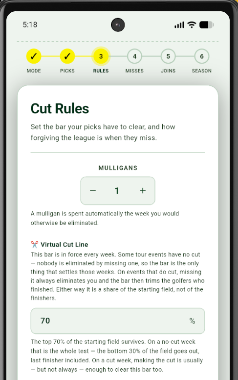 Survivor cut rules, mulligan and virtual cut settings