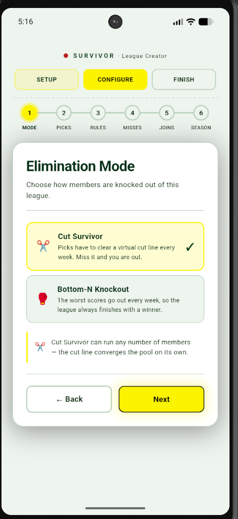 Survivor elimination mode choices: Cut Survivor and Bottom-N Knockout
