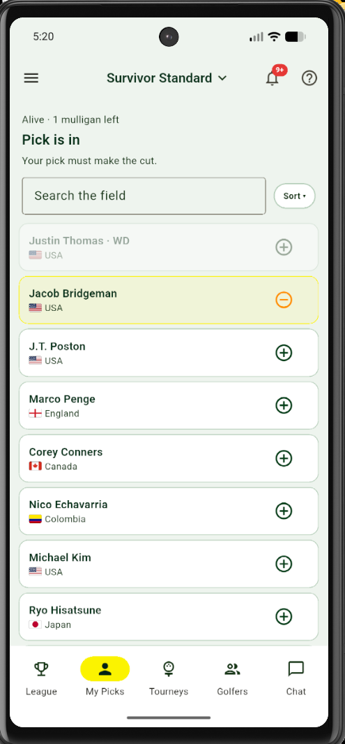 Survivor My Picks screen with weekly golfer selected