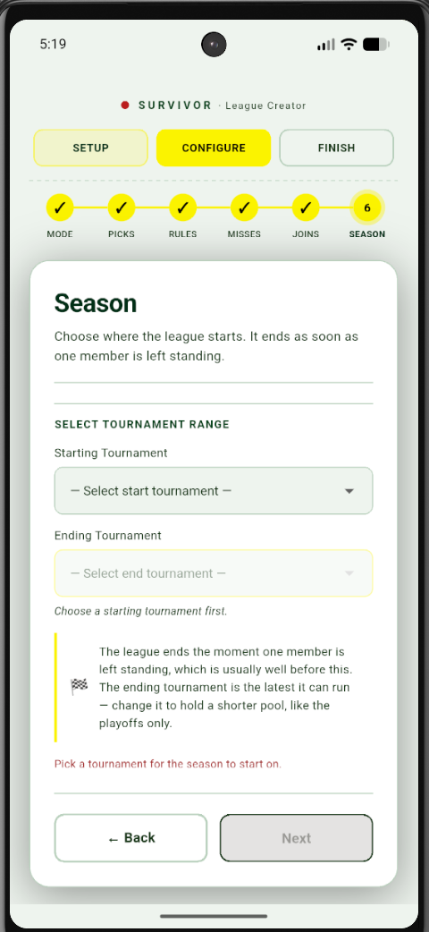Survivor season starting and ending tournament settings