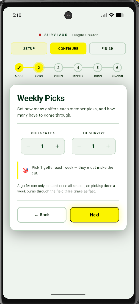 Survivor standard weekly picks configuration