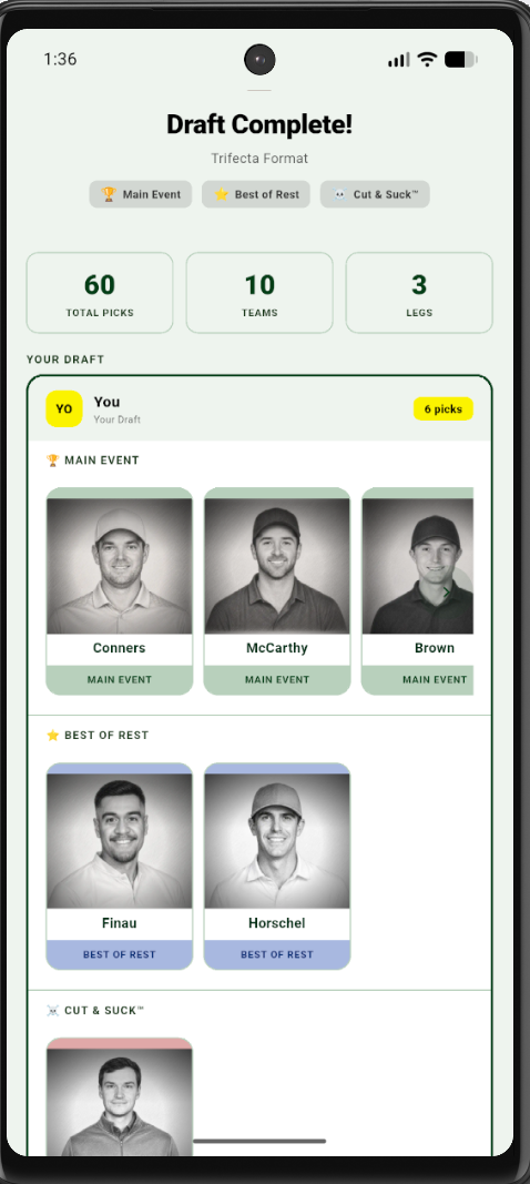Trifecta Draft Complete screen showing all three legs